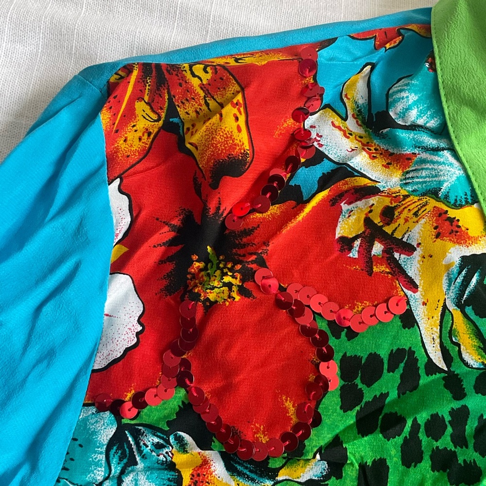 Diane Gilman | Vintage 100% Silk Leopard Floral Sequin Maximalist Blouse | M - Picture 11 of 12